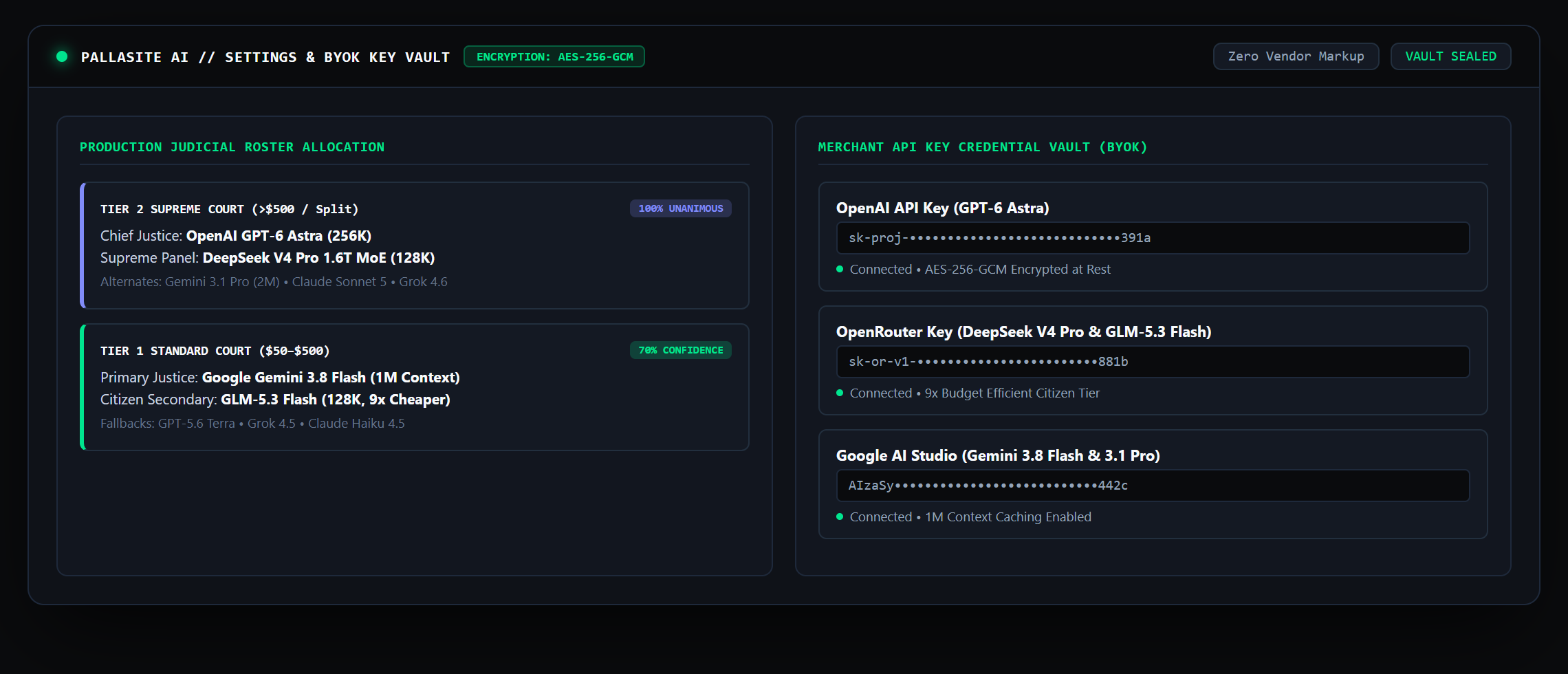 Pallasite AI Settings and BYOK Vault Console
