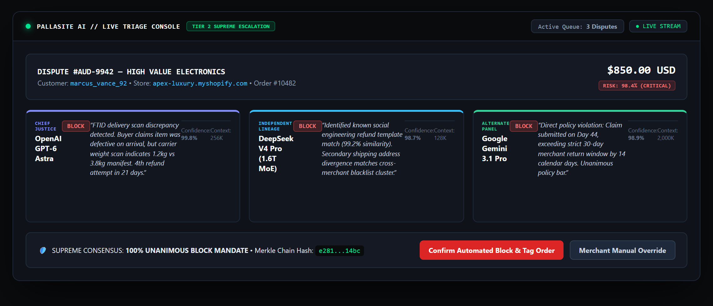 Pallasite AI Live Triage Dashboard Console